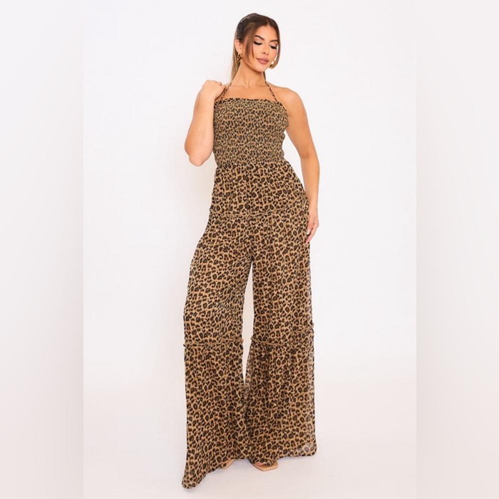 Leopard Print Strapless Wide-Leg Jumpsuit - Brown